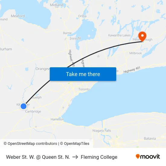Weber St. W. @ Queen St. N. to Fleming College map