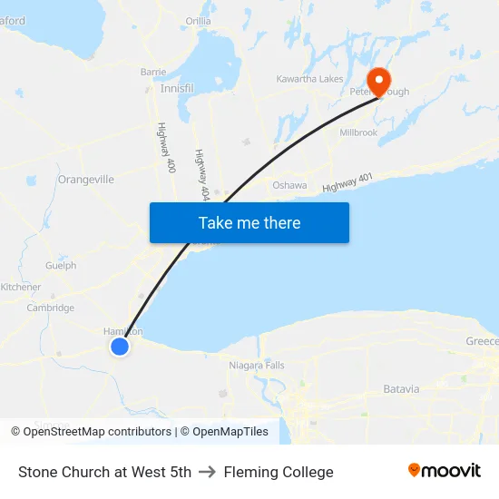 Stone Church at West 5th to Fleming College map