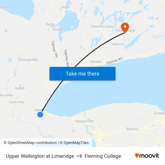 Upper Wellington at Limeridge to Fleming College map
