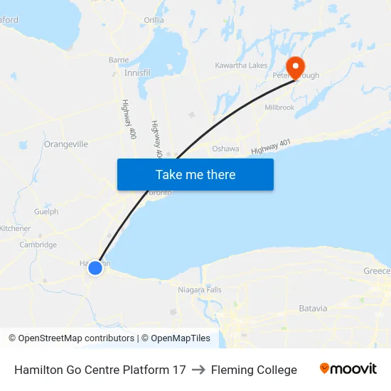 Hamilton Go Centre Platform 17 to Fleming College map