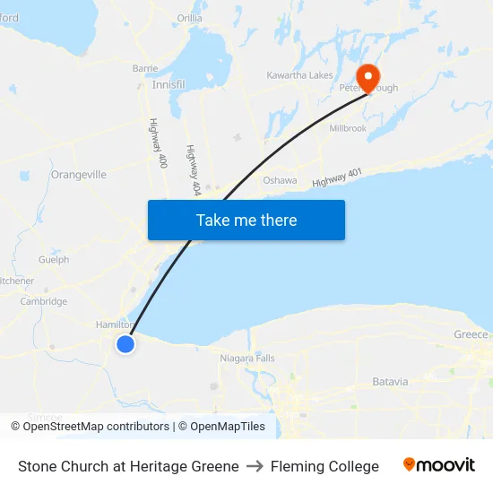 Stone Church at Heritage Greene to Fleming College map