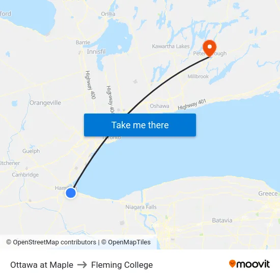 Ottawa at Maple to Fleming College map