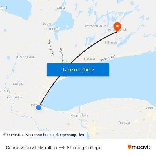 Concession at Hamilton to Fleming College map