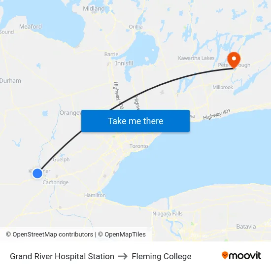 Grand River Hospital Station to Fleming College map