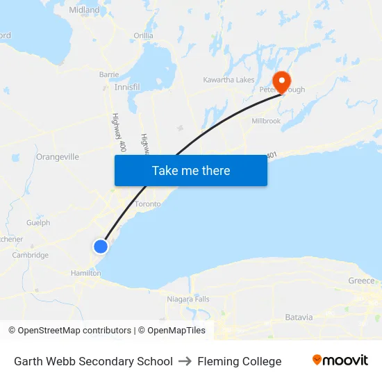 Garth Webb Secondary School to Fleming College map