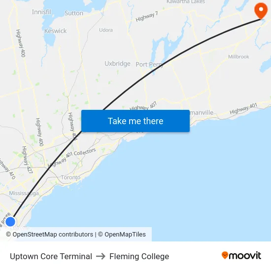 Uptown Core Terminal to Fleming College map