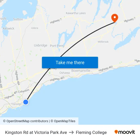Kingston Rd at Victoria Park Ave to Fleming College map