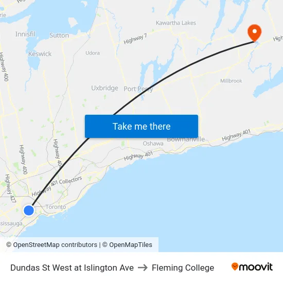 Dundas St West at Islington Ave to Fleming College map