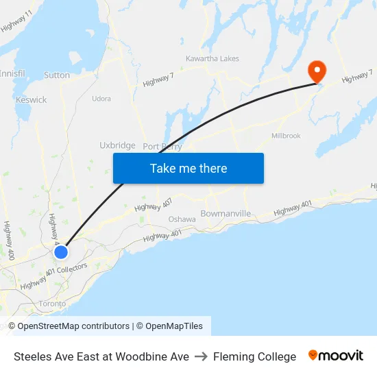 Steeles Ave East at Woodbine Ave to Fleming College map