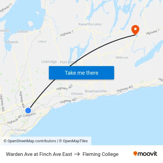 Warden Ave at Finch Ave East to Fleming College map