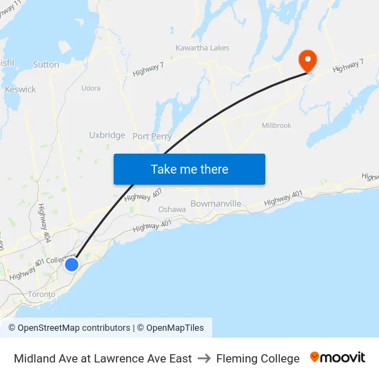 Midland Ave at Lawrence Ave East to Fleming College map