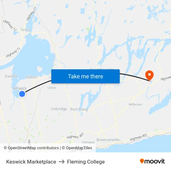 Keswick Marketplace to Fleming College map