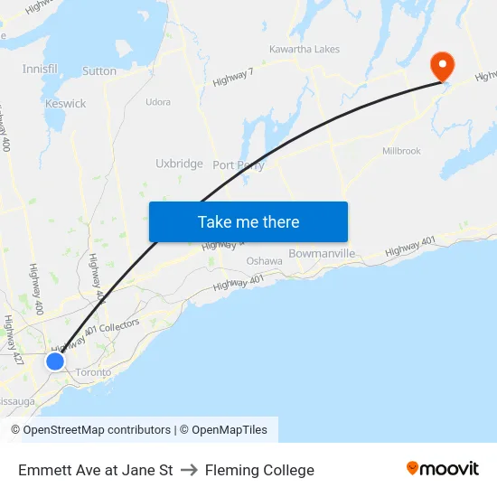 Emmett Ave at Jane St to Fleming College map