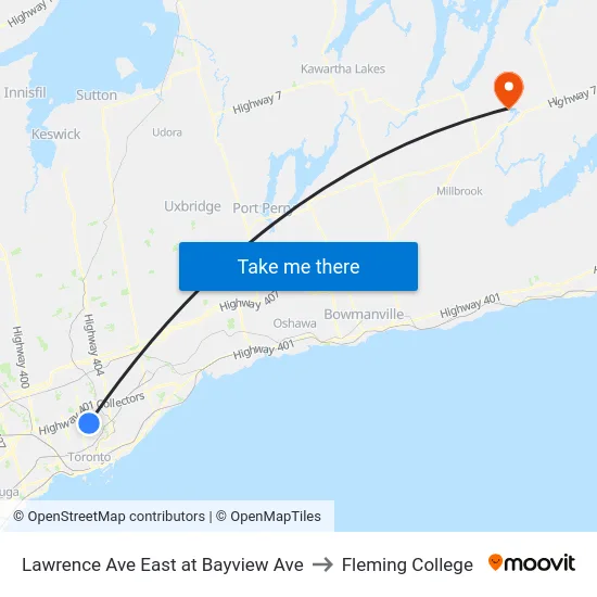 Lawrence Ave East at Bayview Ave to Fleming College map