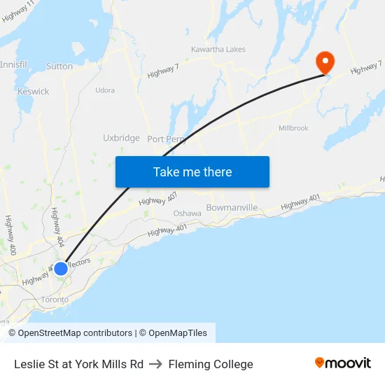 Leslie St at York Mills Rd to Fleming College map