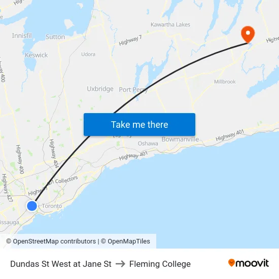 Dundas St West at Jane St to Fleming College map