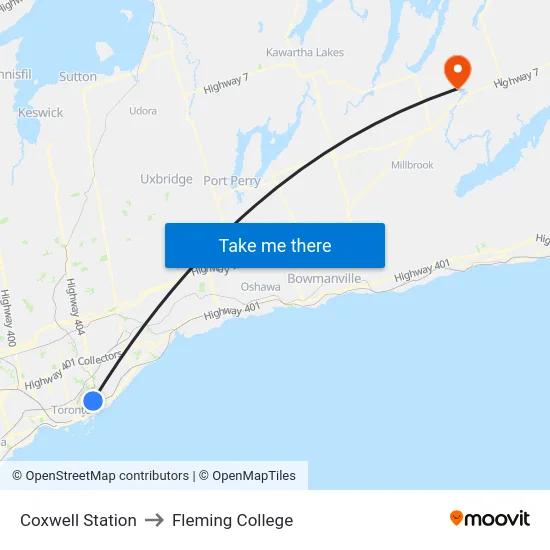 Coxwell Station to Fleming College map