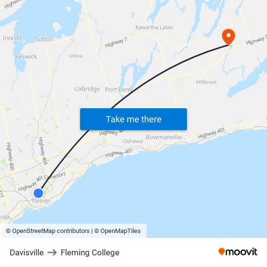 Davisville to Fleming College map