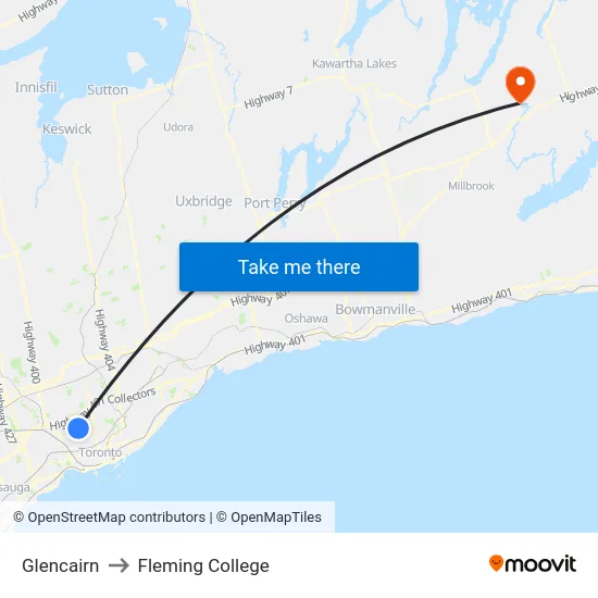Glencairn to Fleming College map