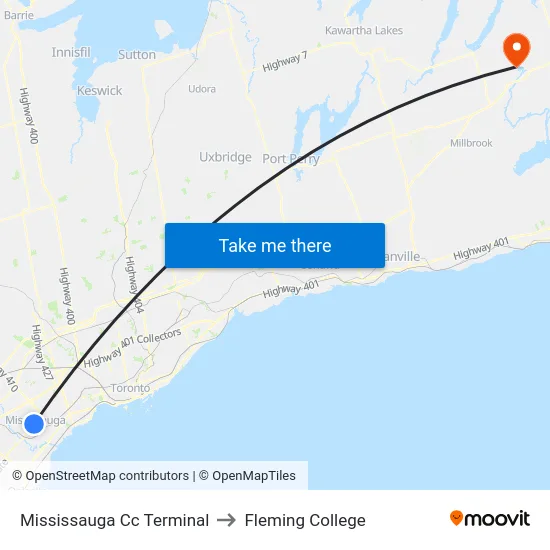 Mississauga Cc Terminal to Fleming College map