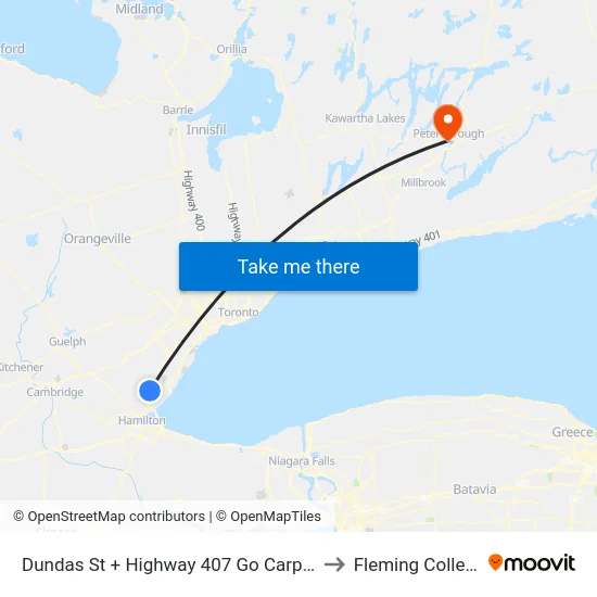 Dundas St + Highway 407 Go Carpool to Fleming College map