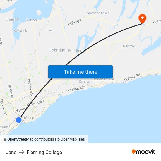 Jane to Fleming College map