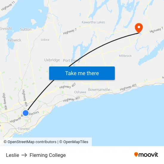 Leslie to Fleming College map