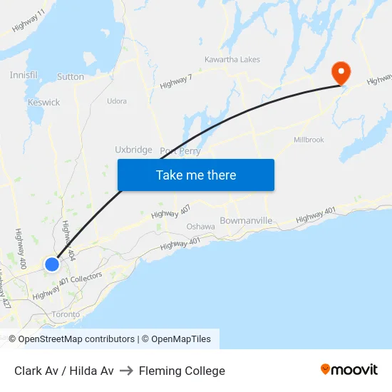 Clark Av / Hilda Av to Fleming College map