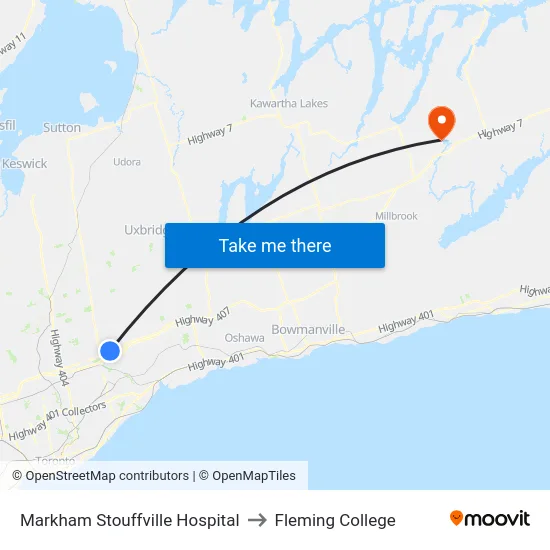 Markham Stouffville Hospital to Fleming College map