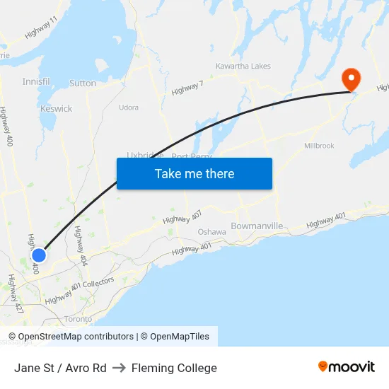 Jane St / Avro Rd to Fleming College map