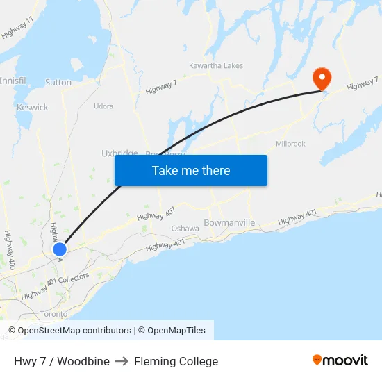 Hwy 7 / Woodbine to Fleming College map