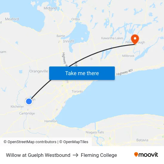 Willow at Guelph Westbound to Fleming College map