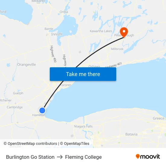 Burlington Go Station to Fleming College map