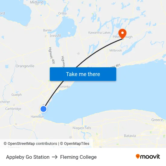 Appleby Go Station to Fleming College map