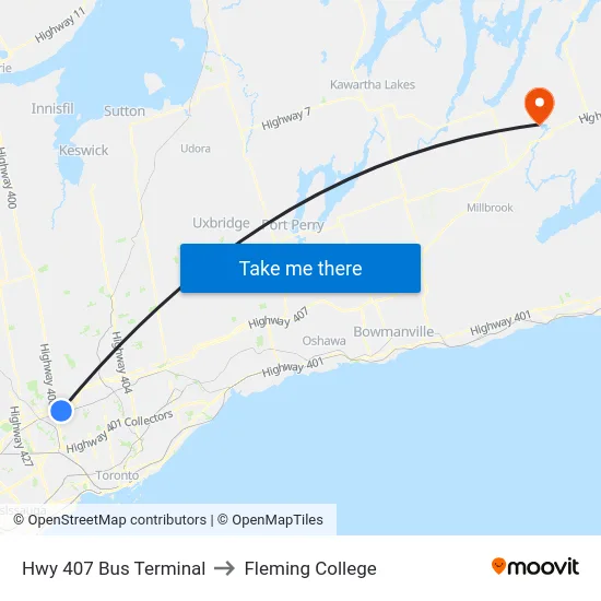 Hwy 407 Bus Terminal to Fleming College map