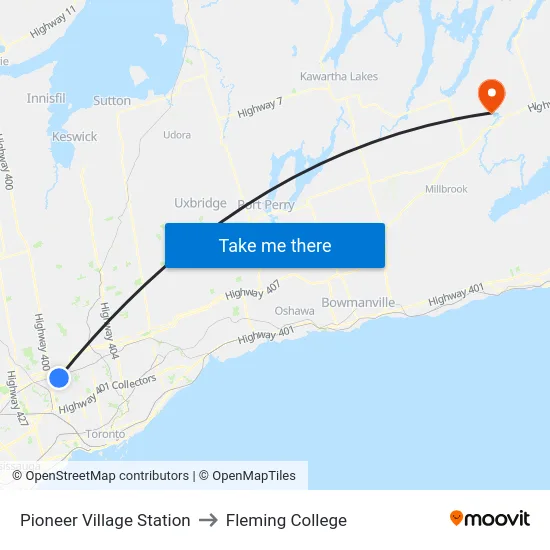 Pioneer Village Station to Fleming College map