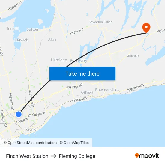 Finch West Station to Fleming College map