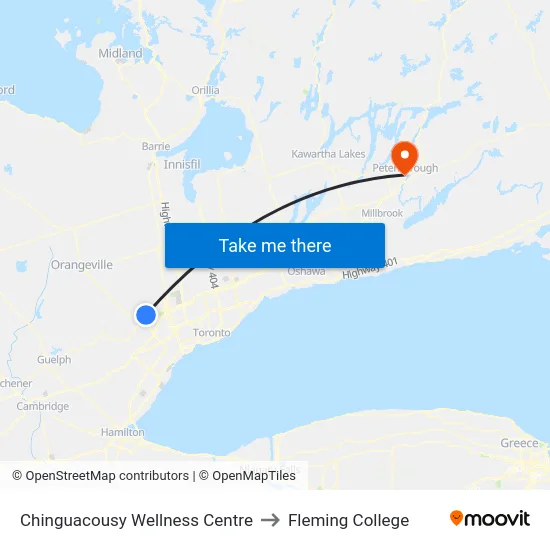 Chinguacousy Wellness Centre to Fleming College map