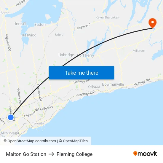 Malton Go Station to Fleming College map