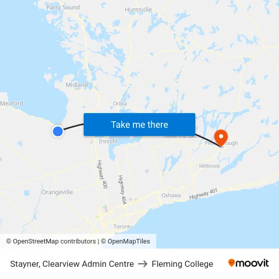 Stayner, Clearview Admin Centre to Fleming College map