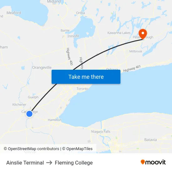 Ainslie Terminal to Fleming College map