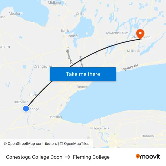 Conestoga College Doon to Fleming College map