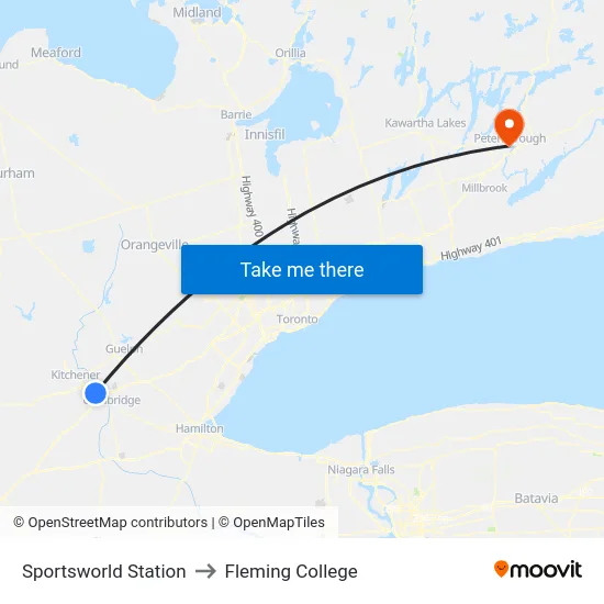 Sportsworld Station to Fleming College map