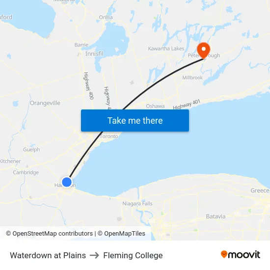 Waterdown at Plains to Fleming College map