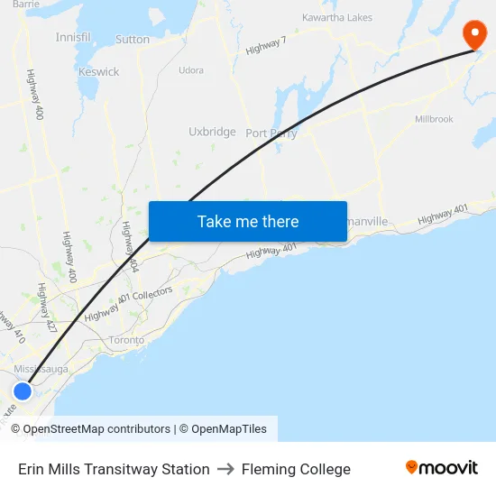Erin Mills Transitway Station to Fleming College map