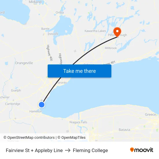 Fairview St + Appleby Line to Fleming College map