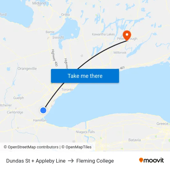 Dundas St + Appleby Line to Fleming College map