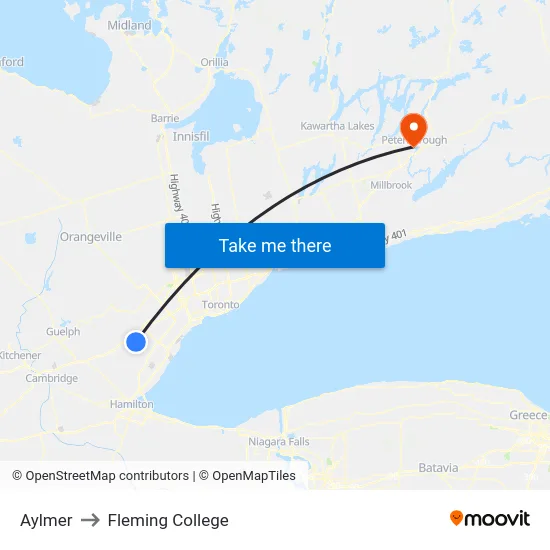 Aylmer to Fleming College map