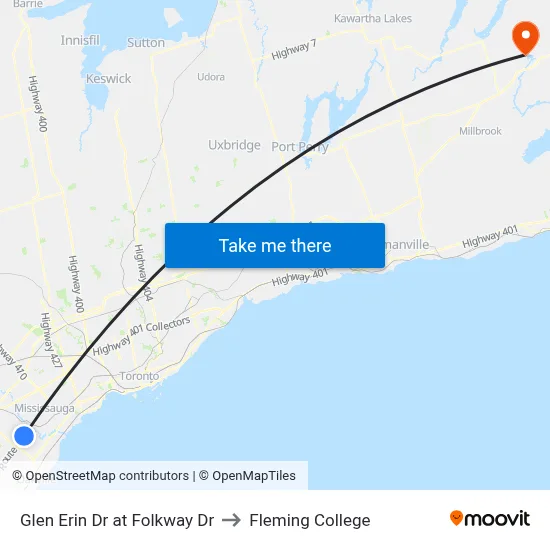 Glen Erin Dr at Folkway Dr to Fleming College map
