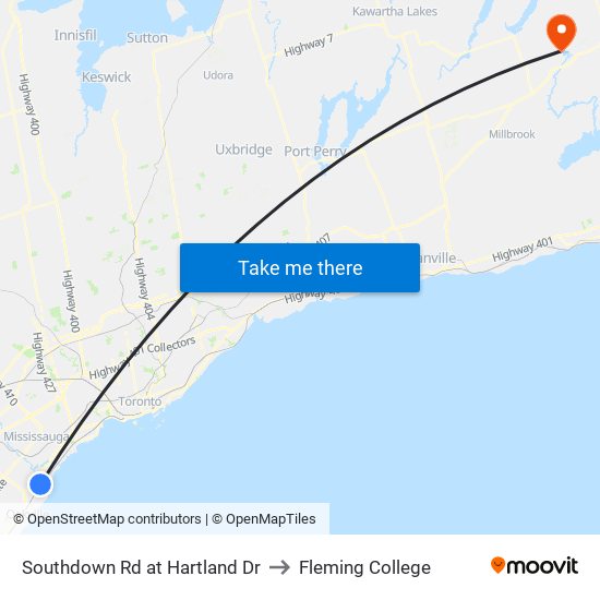 Southdown Rd at Hartland Dr to Fleming College map